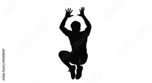 Happy young adult jumping with arms raised in joyful freedom on white background, energetic and carefree lifestyle