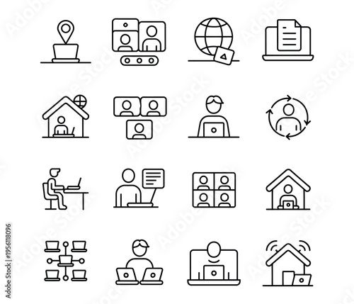Remote work and online video conference icons for telecommuting and virtual jobs