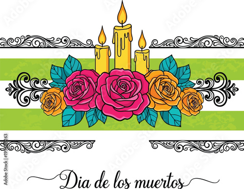 Dia de los Muertos Background with Colorful Roses, Candles and Ornamental Flourish Design