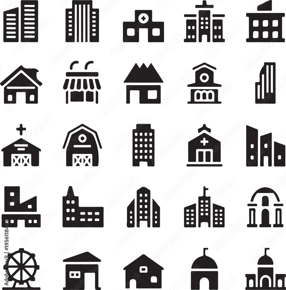 Fototapeta premium Urban Architecture and City Building Silhouette Icon Set