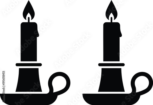 Black Silhouette Icons of Burning Candles in Holders Isolated on White Background