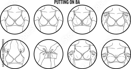 Step-by-step instructional illustration showing how to put on a bra, adjust straps, fasten hooks, and ensure proper fit for lingerie and clothing guidance