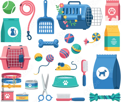Set of Pet Care Accessories and Supplies for Dogs and Cats Vector Illustration