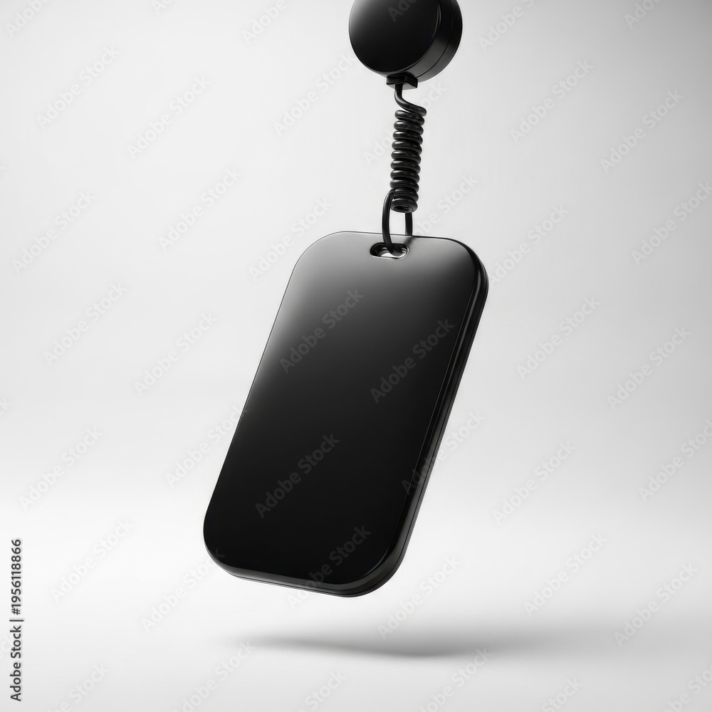 Fototapeta premium Modern black smartphone dangling from a metallic keychain loop against a plain background