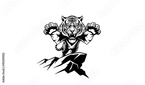 Fierce tiger jumping forward vector illustration with front view perspective and strong motion isolated on white