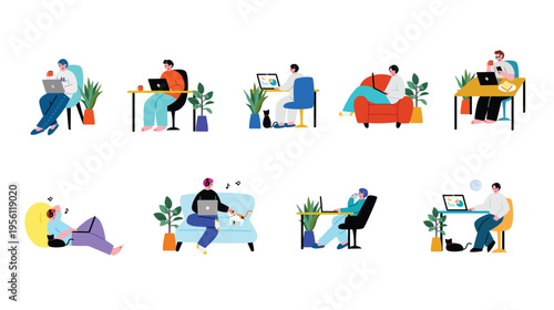 自宅で仕事をする男性のイラストセット