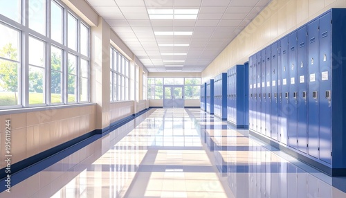 Bright school hallway interior with blue lockers and shiny tiled floor reflecting daylight from large windows; empty corridor background