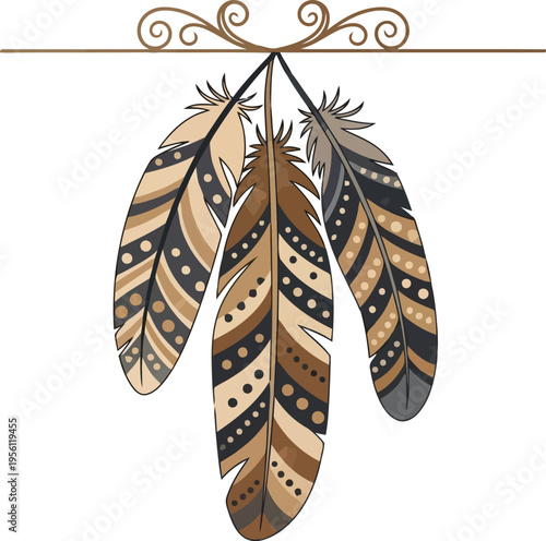 Boho Style Hanging Feathers Illustration with Decorative Flourish Elements