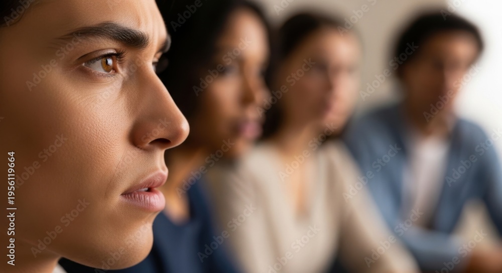 Obraz premium Focused young man in a diverse group setting, deep in thought during a meeting or discussion.