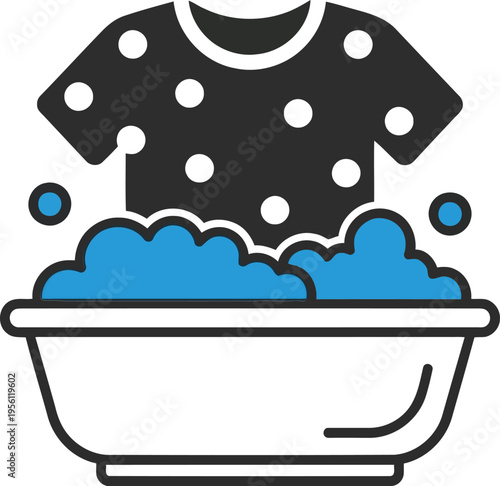 Hand Washing Clothes Icon with Soap Suds in Basin for Laundry Service and Dry Cleaning Concept