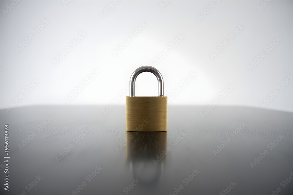 Naklejka premium Brass padlock with silver ushaped shackle on reflective surface