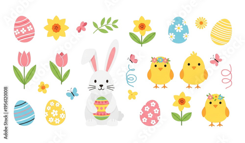 Spring Easter Animals and Decorations Vector Set – Cute Holiday Illustration