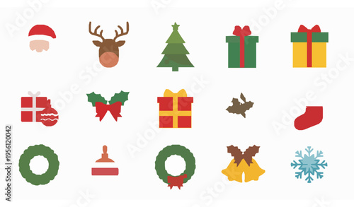 Flat Christmas Icon Collection Vector – Santa, Tree, Gifts, Decorations