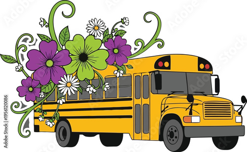 Yellow School Bus Decorated with Spring Flowers Vector Illustration