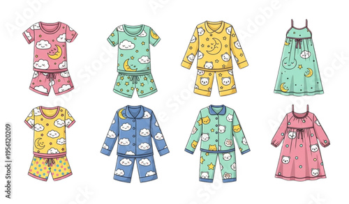 Girls Pajamas Vector Set – Kids Sleepwear Night Clothes Illustration