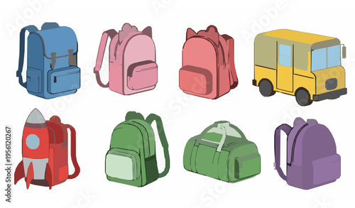 Flat School Backpack Vector Set – Kids Bags Collection for Classroom and School