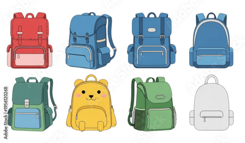 School Backpacks Vector Set – Kids Bags Collection Flat Design Illustration
