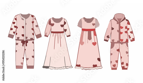 Girls Sleepwear Vector Set – Pajamas, Nightgown, Sleep Suit with Red Hearts