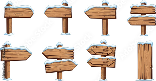 Set of wooden signboards with snow, rustic directional arrows and blank boards for winter landscape isolated vector illustration