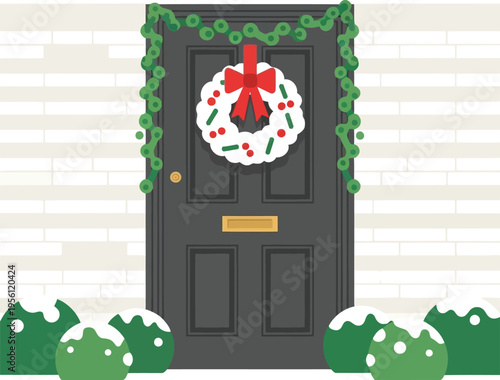 Christmas Front Door Decoration with Festive Wreath and Garland Illustration
