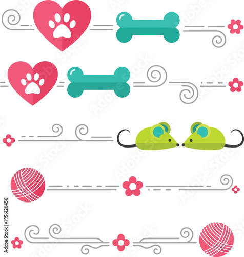 Cute Pet Themed Decorative Dividers and Borders Set with Paw Prints and Toys