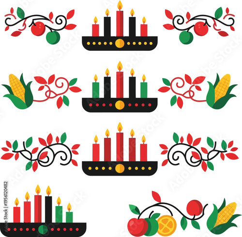 Kwanzaa Kinara Candle Holders and Harvest Decorations Vector Set