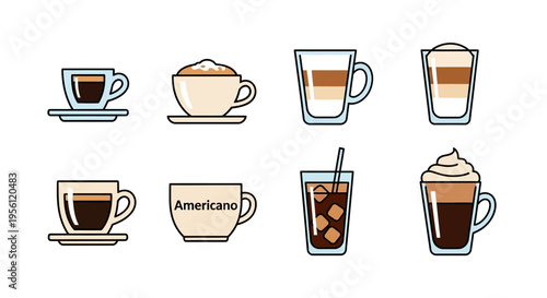 Various types of coffee drinks in cups and glasses, vector illustration.