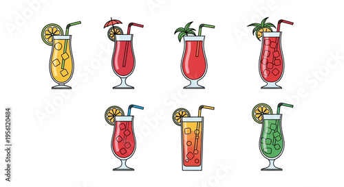 Colorful vector illustration of various refreshing cocktail drinks with fruit garnishes.