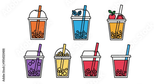Colorful bubble tea drinks with different flavors and toppings on white background.