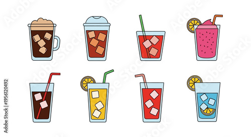 Colorful vector illustration of various refreshing cold drinks with ice cubes and straws.
