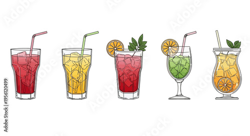 Colorful cocktail drinks with ice cubes and straws in a row, illustration.