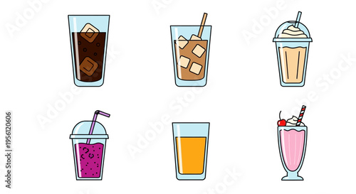 Colorful vector illustration of various refreshing beverages with ice and straws.