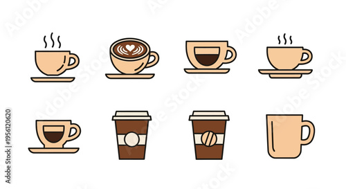 Collection of various coffee cups and to-go mugs with different designs and styles.
