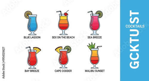 Colorful cocktail illustrations with different names and ingredients for summer drinks.