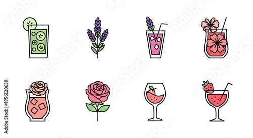 Colorful cocktail and flower illustrations for summer drinks and beverages.