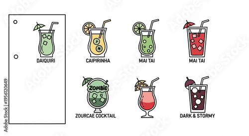 Colorful cocktail illustrations with names for bar menus and drink recipes.