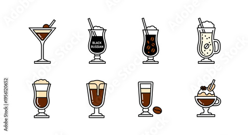 Collection of various coffee drinks with different ingredients and styles.