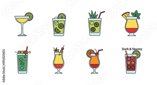 Collection of colorful cocktail illustrations with various fruit garnishes and straws.