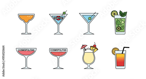Colorful cocktail glasses collection with various alcoholic beverages and garnishes isolated on white.