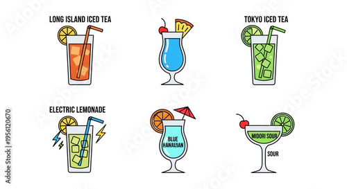 Colorful cocktail illustrations with various flavors and garnishes on white background.