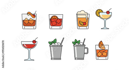 Collection of various cocktail drinks with different ingredients and garnishes, vector illustration.