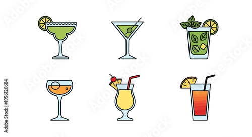 Colorful vector illustration of various cocktail drinks with garnishes and straws.