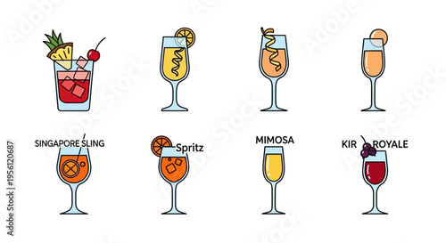Colorful cocktail illustrations featuring Singapore Sling, Spritz, Mimosa, and Kir Royale drinks.