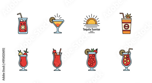 Colorful cocktail illustrations with various drinks and beverages for summer fun.