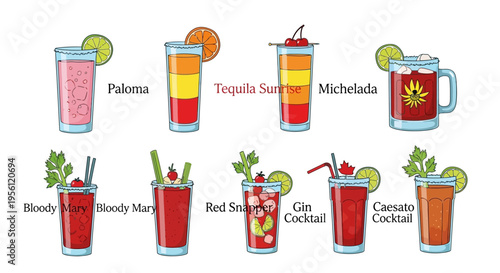 Collection of various cocktail drinks with garnishes and names in a vector illustration.