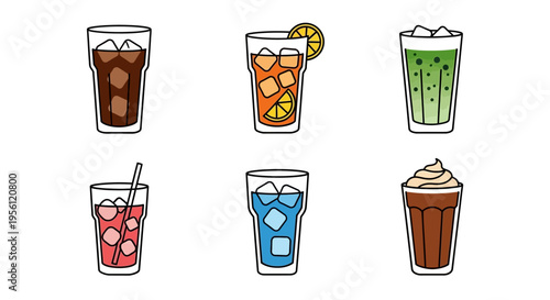 Colorful assortment of refreshing cold drinks with ice cubes in glasses.