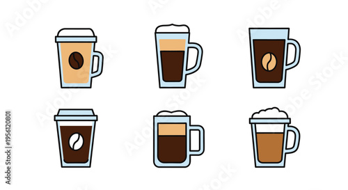 Set of six different coffee drinks with various styles and designs.