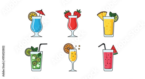 Colorful cocktail drinks with various fruits and garnishes on white background.