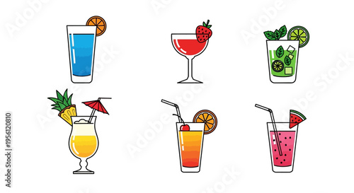 Colorful cocktail drinks with various fruits and garnishes on white background.