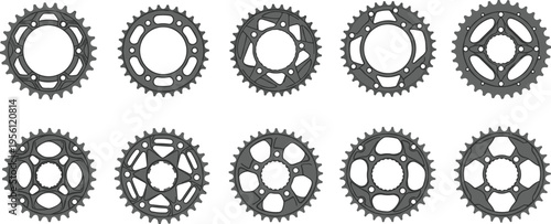 Set of bicycle chainrings and crankset gears vector illustration collection with different tooth counts and mounting patterns for bike repair